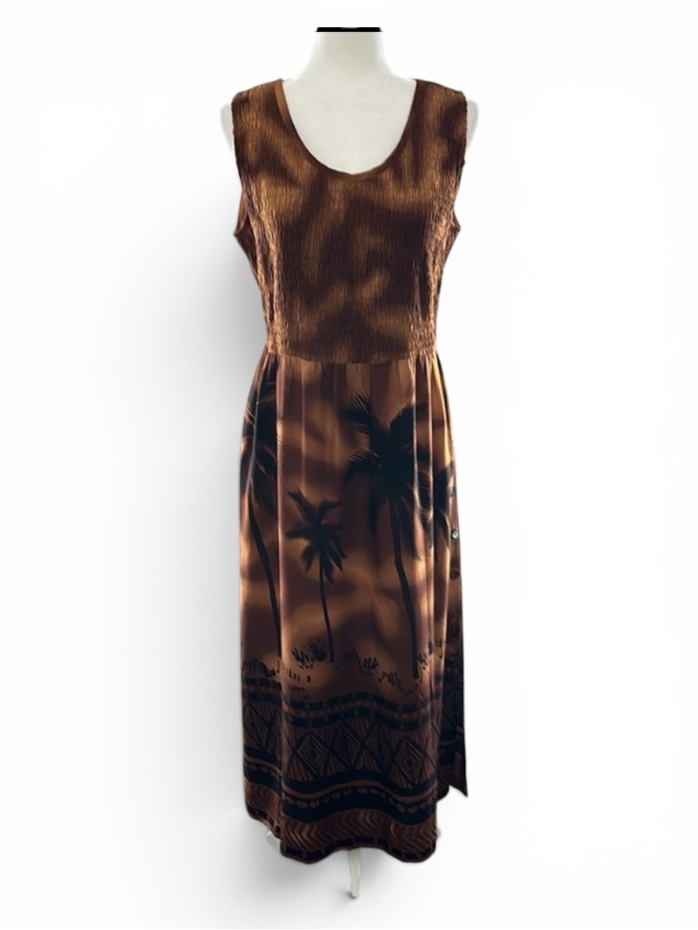 R&K Womenโs Boho Rayon Island Dress Dark Light Brown Palm Tree Sunset Maxi 10